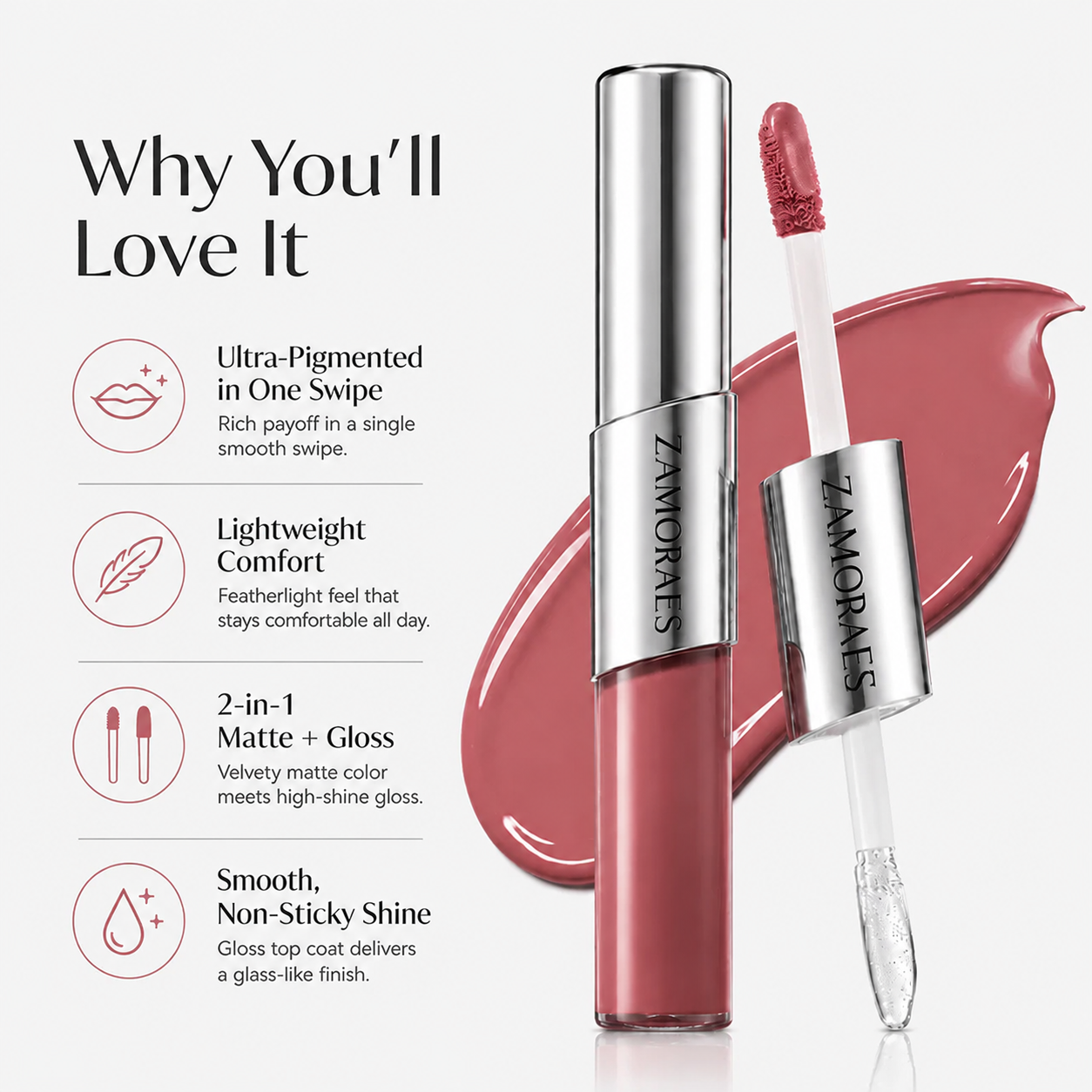 ZAMORAES — Dual-Ended Liquid Lipstick with Velvet Matte Color and Glossy Shine