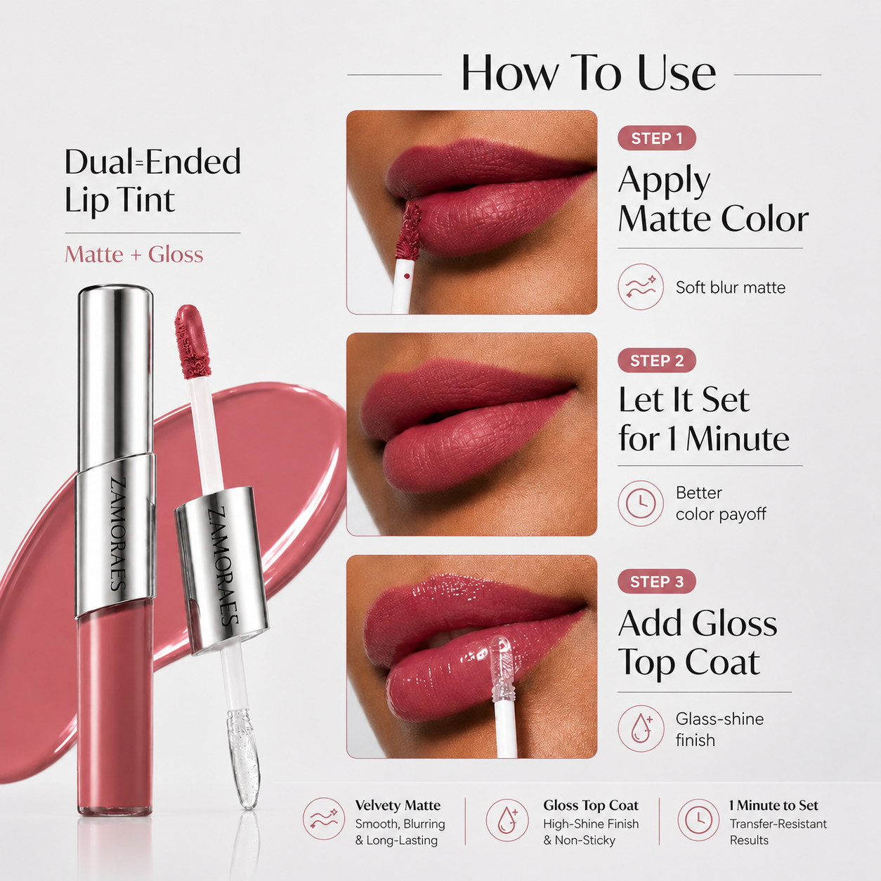 ZAMORAES — Dual-Ended Liquid Lipstick with Velvet Matte Color and Glossy Shine
