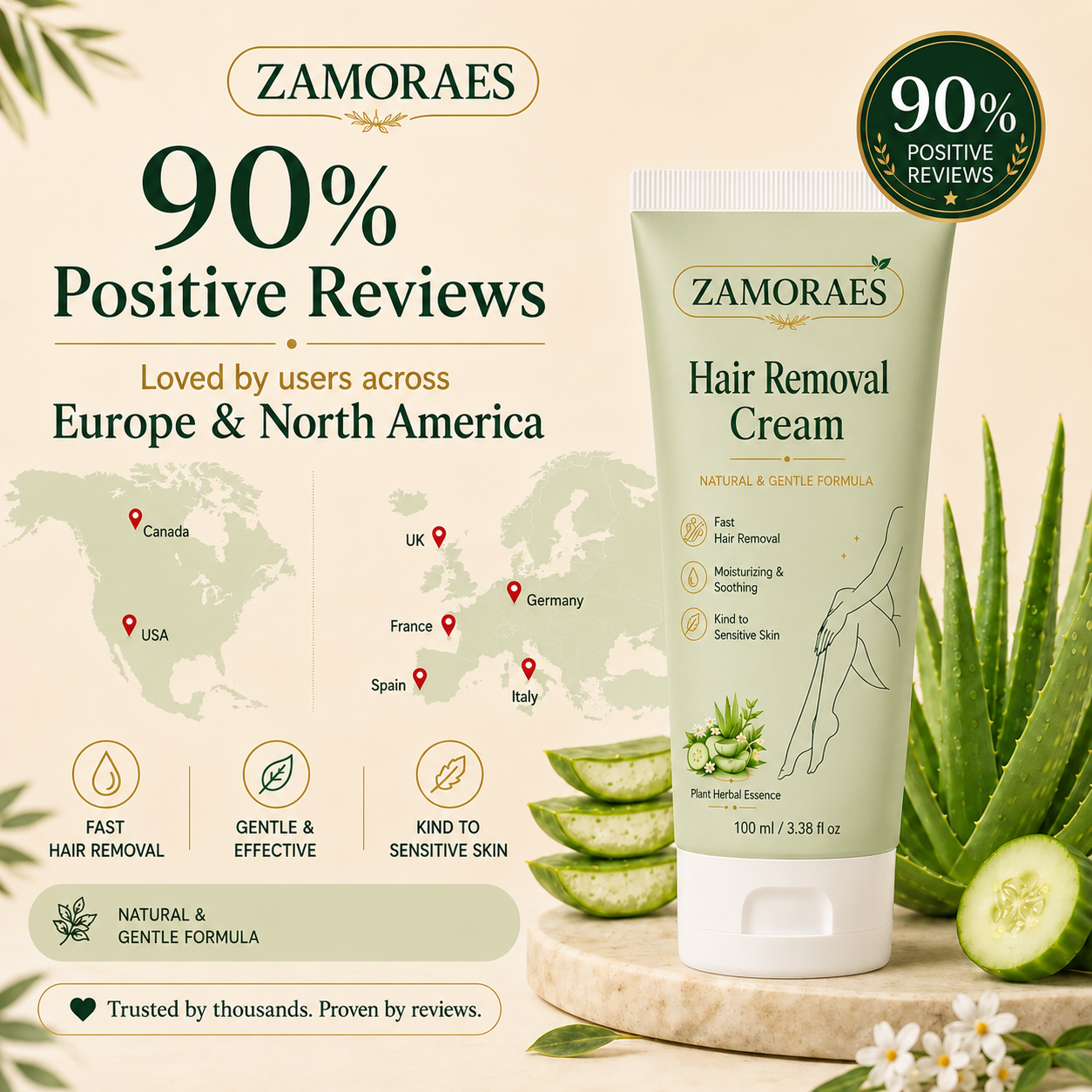 ZAMORAES™ Natural Gentle Hair Removal Cream | For Women & Men, Sensitive Skin